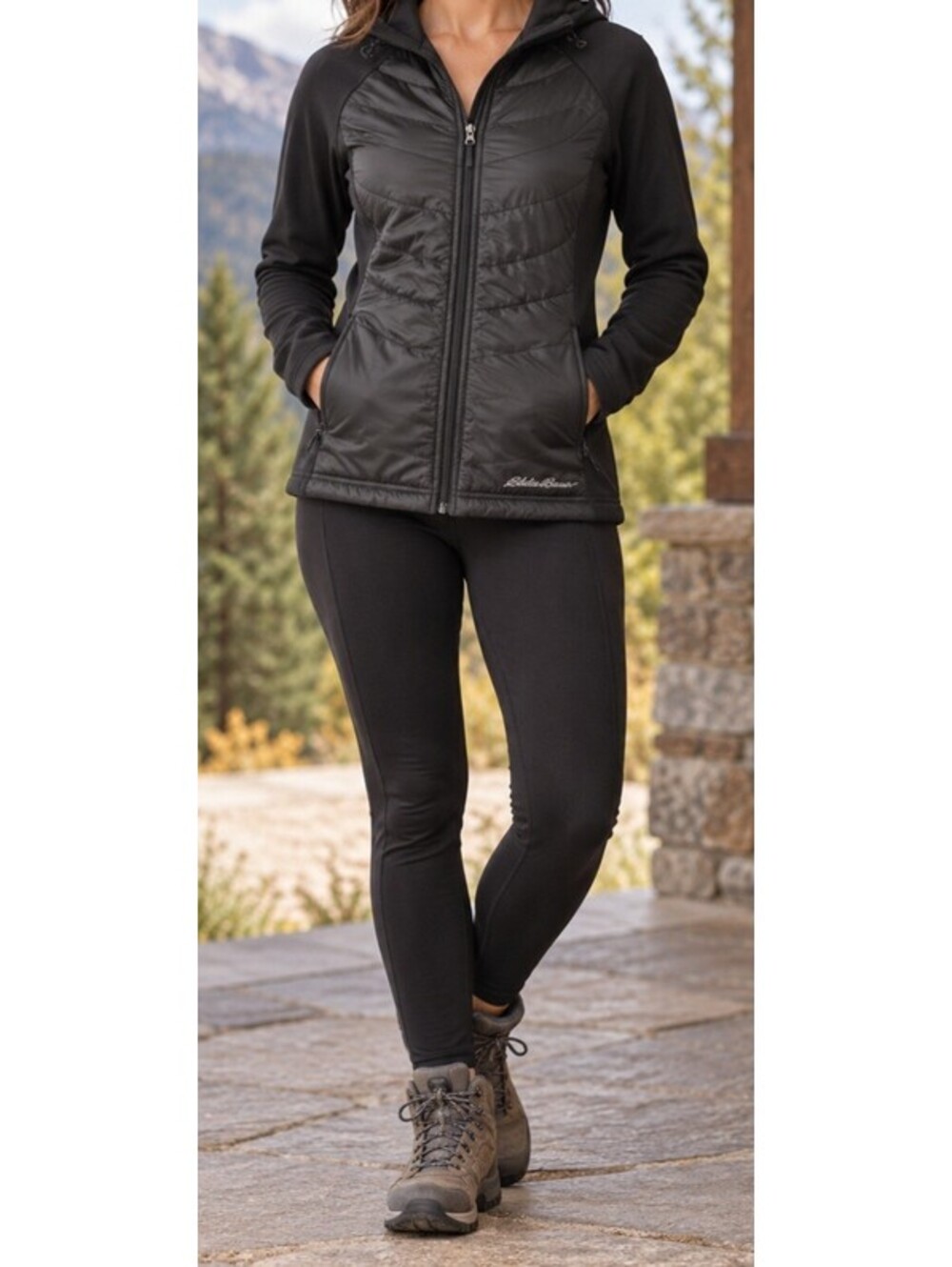 Eddie Bauer Hybrid Mixed-media Quilted Hooded Jacket Womens Sz Large Black Fall